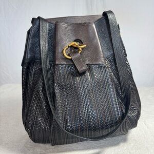 Black Leather Woven Shoulder Bag with Gold Accent